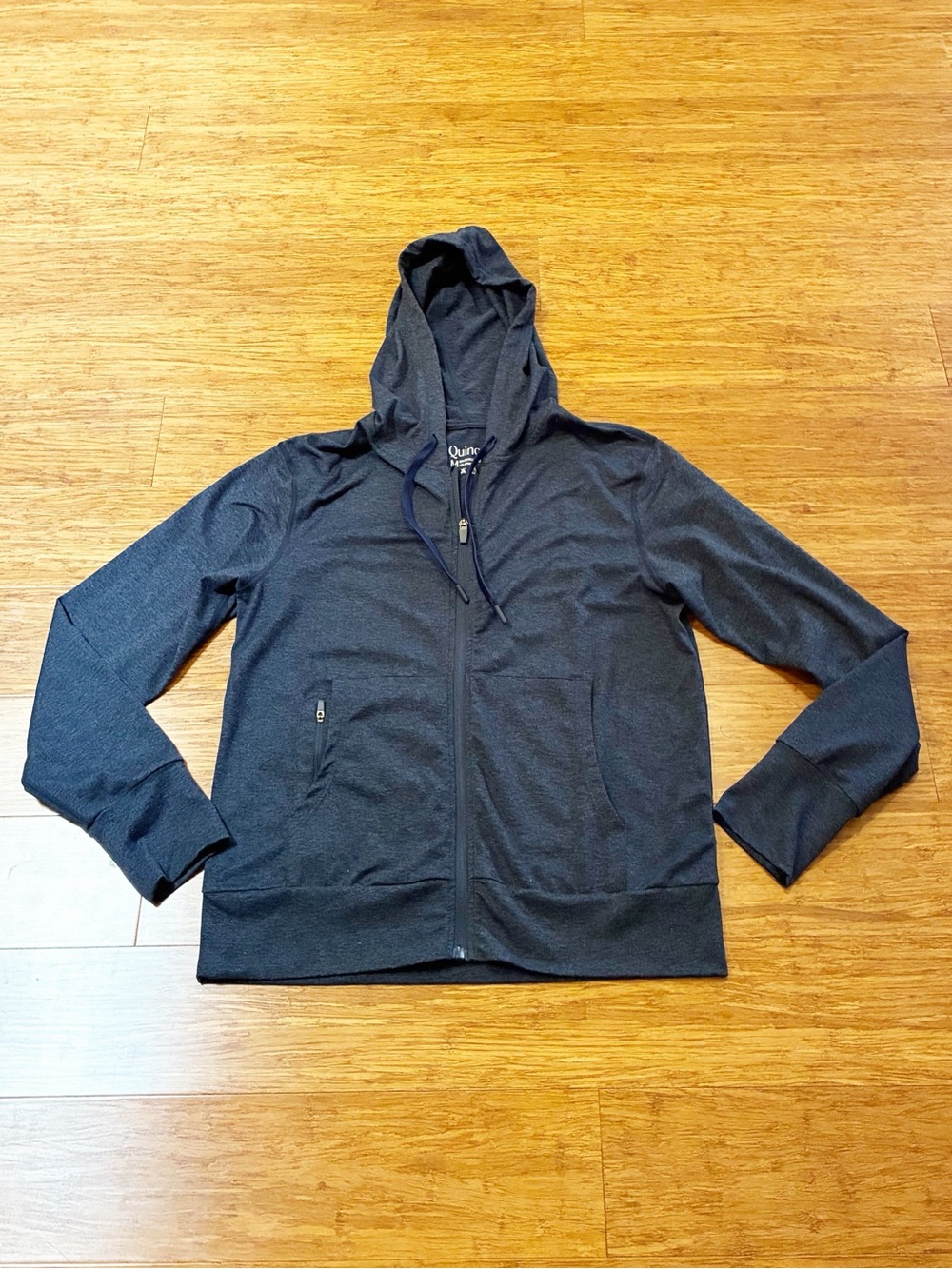 Quince Flowknit Full-Zip Hoodie Heather Deep Navy w/ pockets. Medium